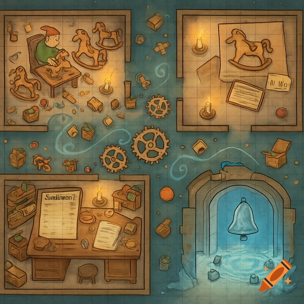 A top-down D&D style map of a Christmas workshop with multiple rooms, featuring an elf making rocking horses, a desk with a list, gears, candles, and an icy room with a floating bell.