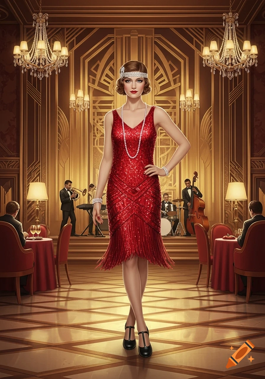 A glamorous flapper in a sparkling red dress and beaded headband stands in an ornate Art Deco ballroom with a band.