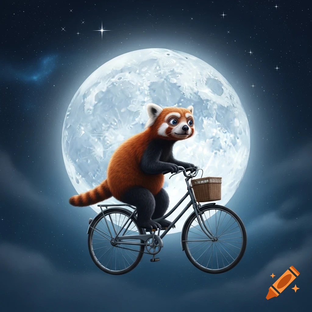 A cute red panda rides a bicycle in front of a glowing full moon and a starry night sky.