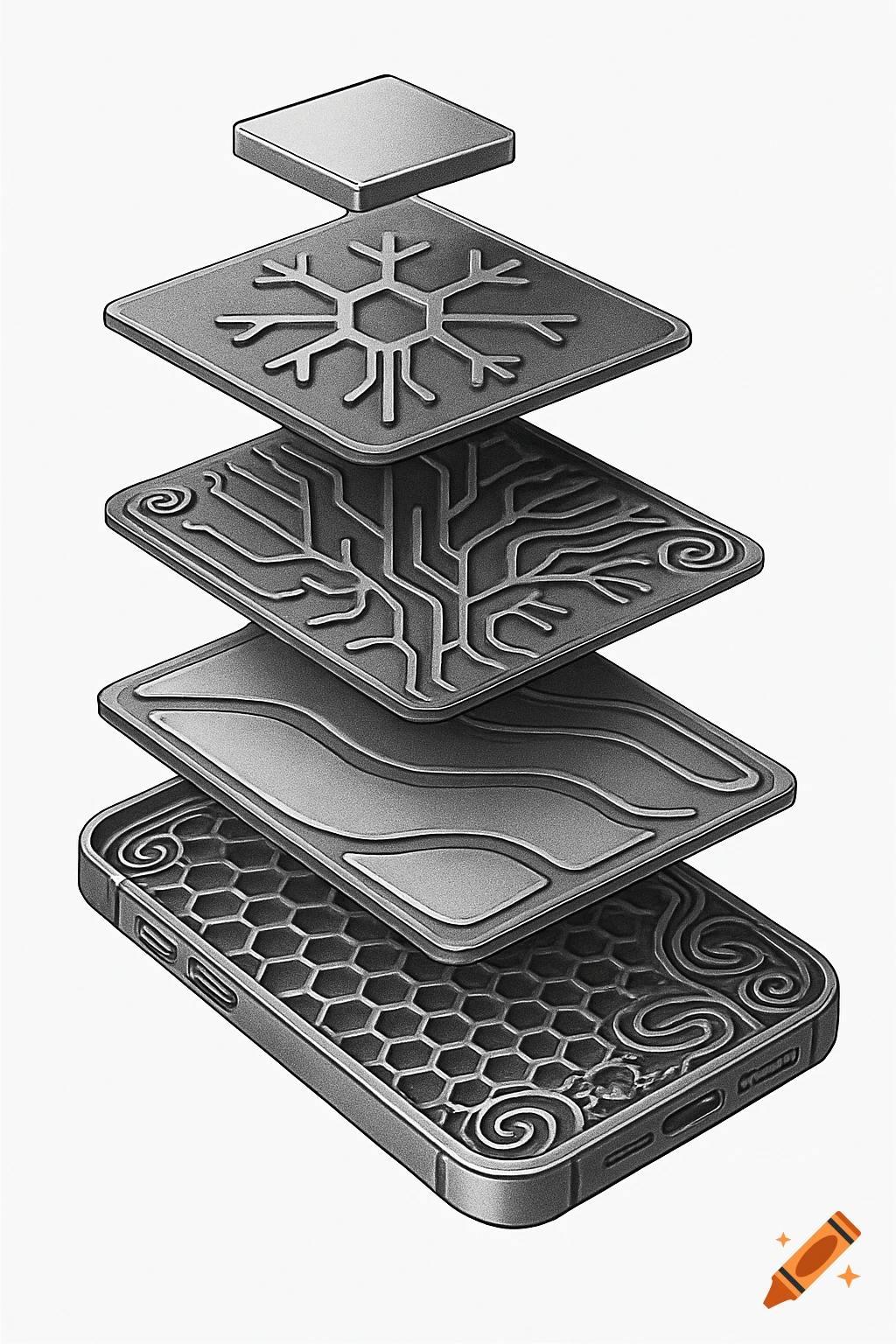 Exploded isometric view of smartphone internal layers with snowflake, tree-branch, wave, spiral, and honeycomb designs in a patent illustration style.
