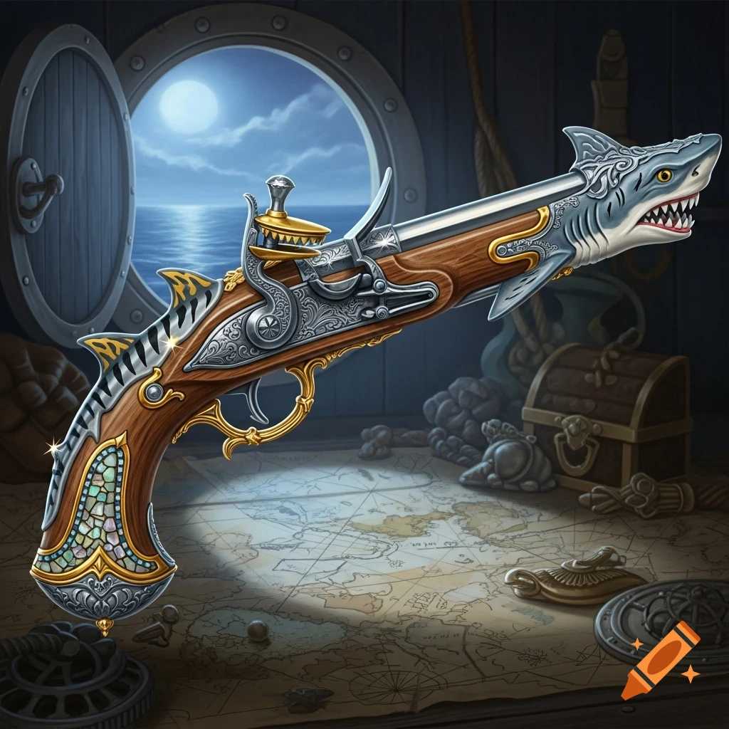 An ornate pirate flintlock pistol with a tiger-shark theme rests on a map inside a ship cabin, with a moonlit ocean visible through a porthole.