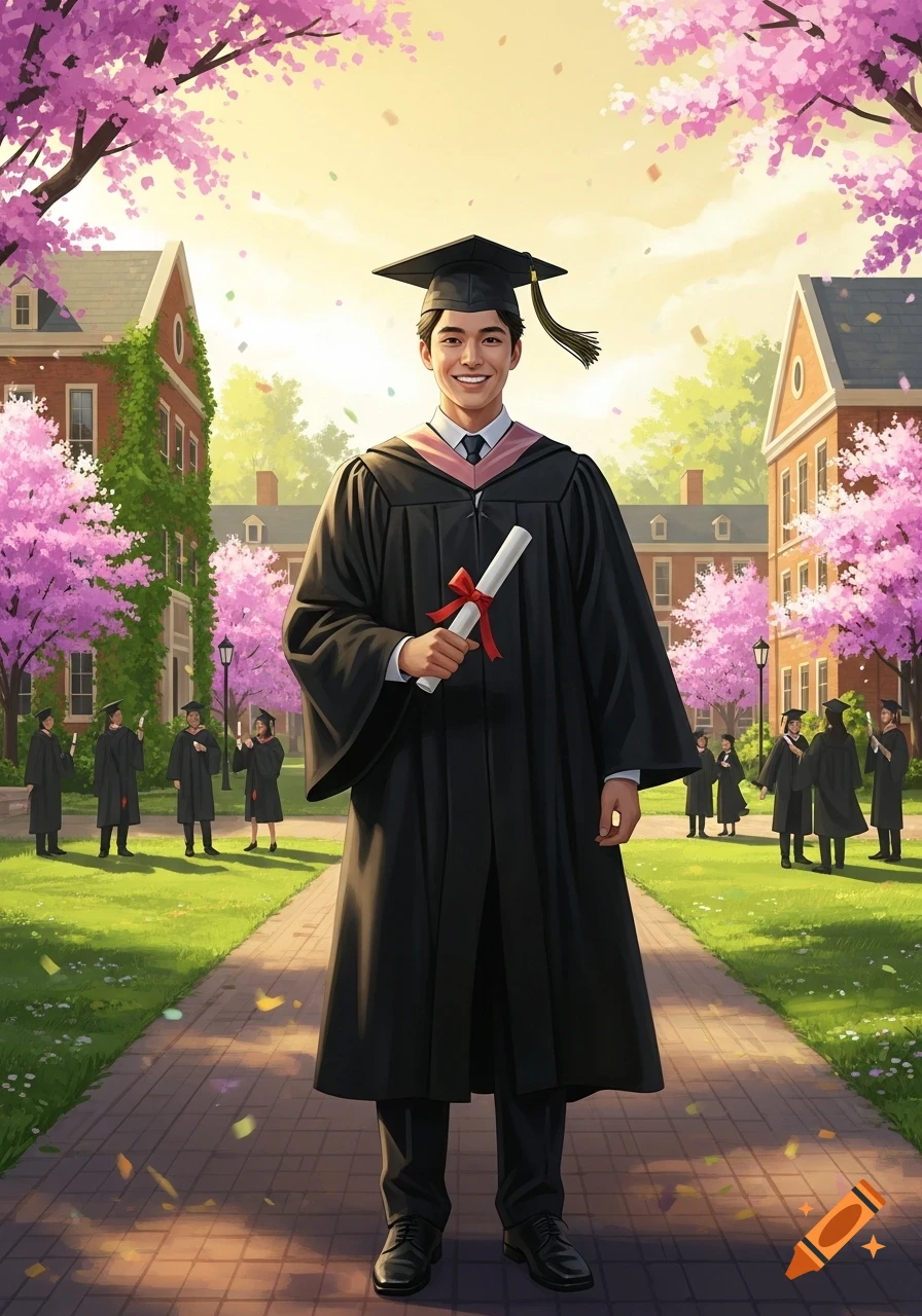 A smiling male graduate in a cap and gown holds a diploma on a spring university campus with cherry blossoms, illustration.