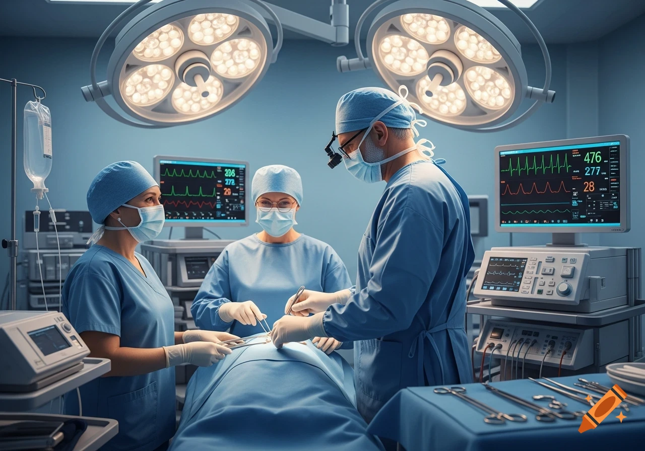 Three surgeons in blue scrubs and masks operate on a patient under bright lights in a sterile operating room with medical monitors.