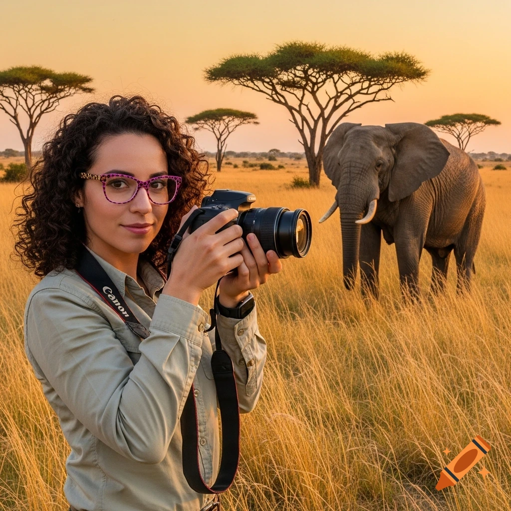 A woman with curly hair and magenta glasses holds a Canon camera, photographing an elephant in a golden African safari at sunset.