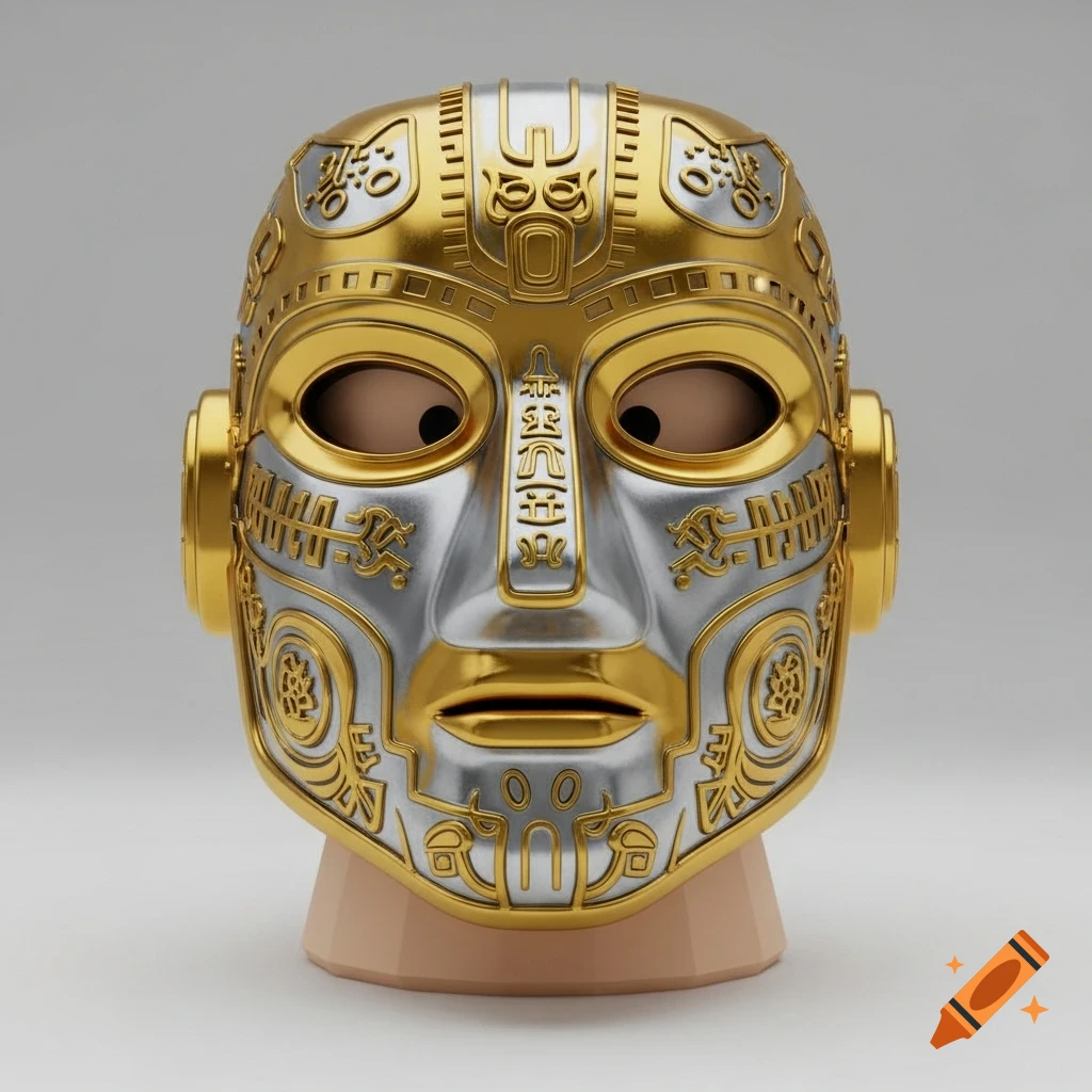An ornate gold and silver mask with intricate patterns on a simple Roblox-style head against a light background.