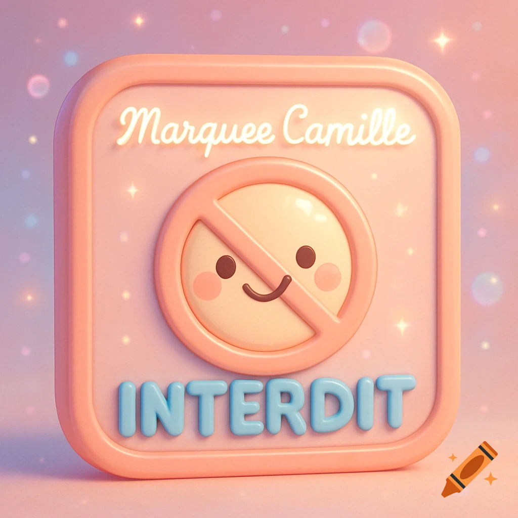A cute pink 3D prohibition sign with a smiling face and text 'Marquee Camille INTERDIT'.