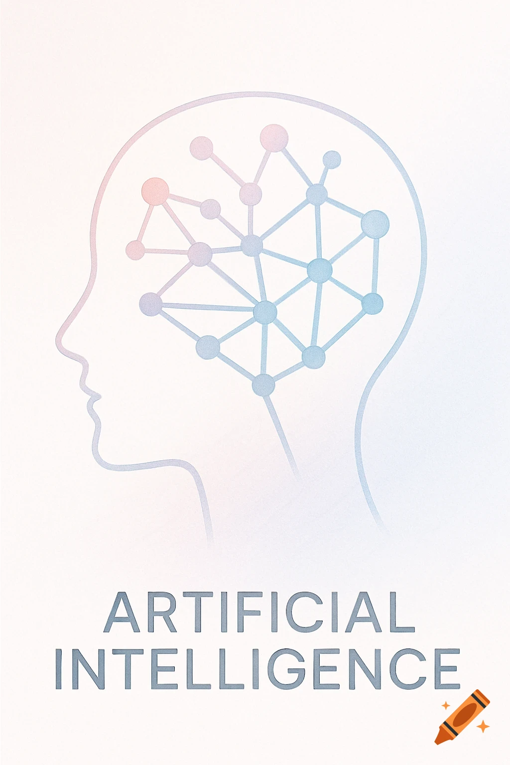 Minimalist profile of a human head with a neural network inside, colored in soft pastel, above "ARTIFICIAL INTELLIGENCE".