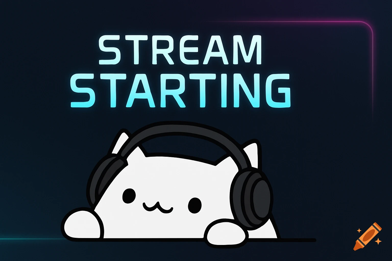 A cartoon Bongo Cat wearing gaming headphones peeking from the bottom, with bold neon text "STREAM STARTING" above it.