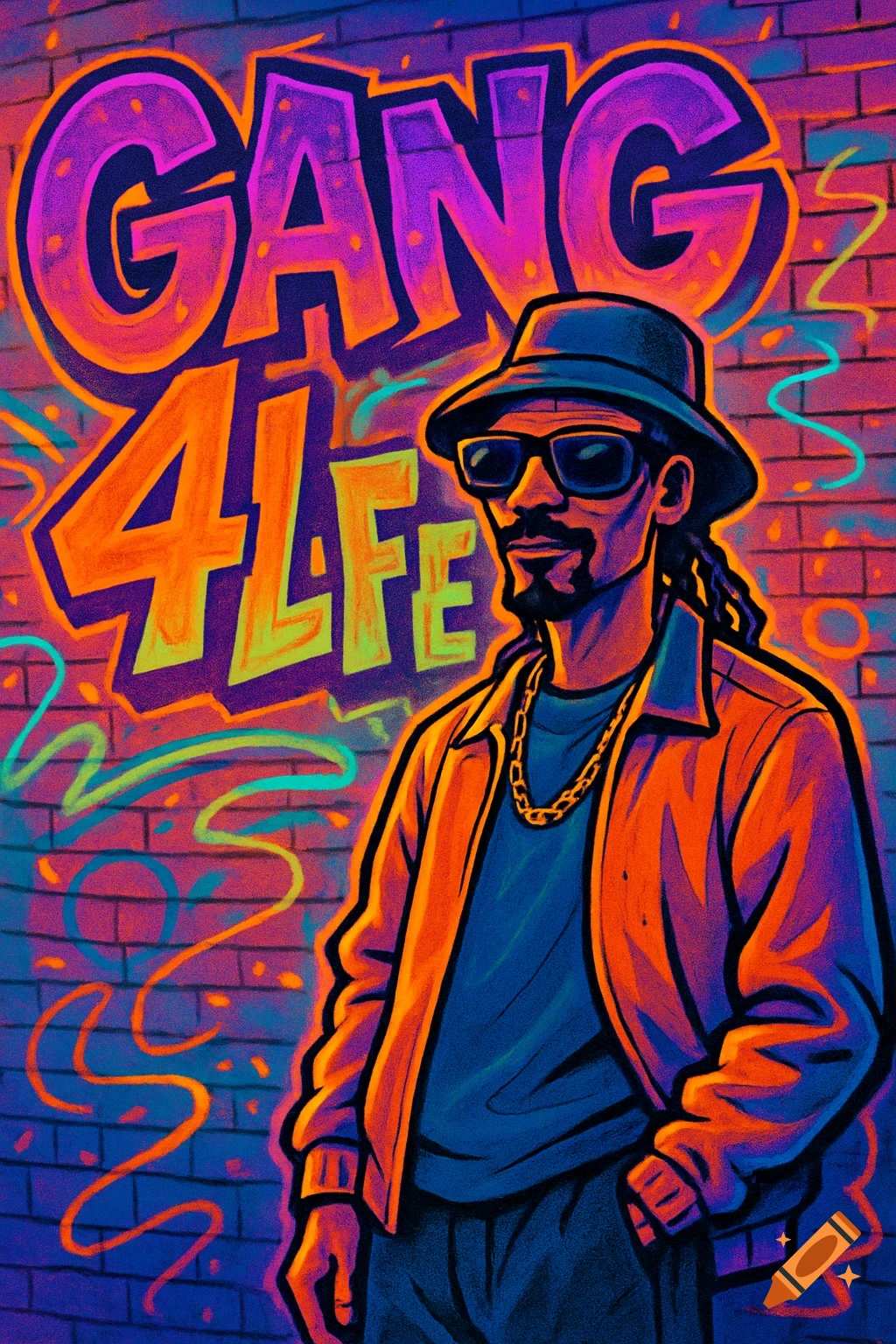 Stylized man resembling Snoop Dogg in sunglasses and hat stands before a neon graffiti wall with 'GANG 4 LIFE' in a vibrant, urban art style.