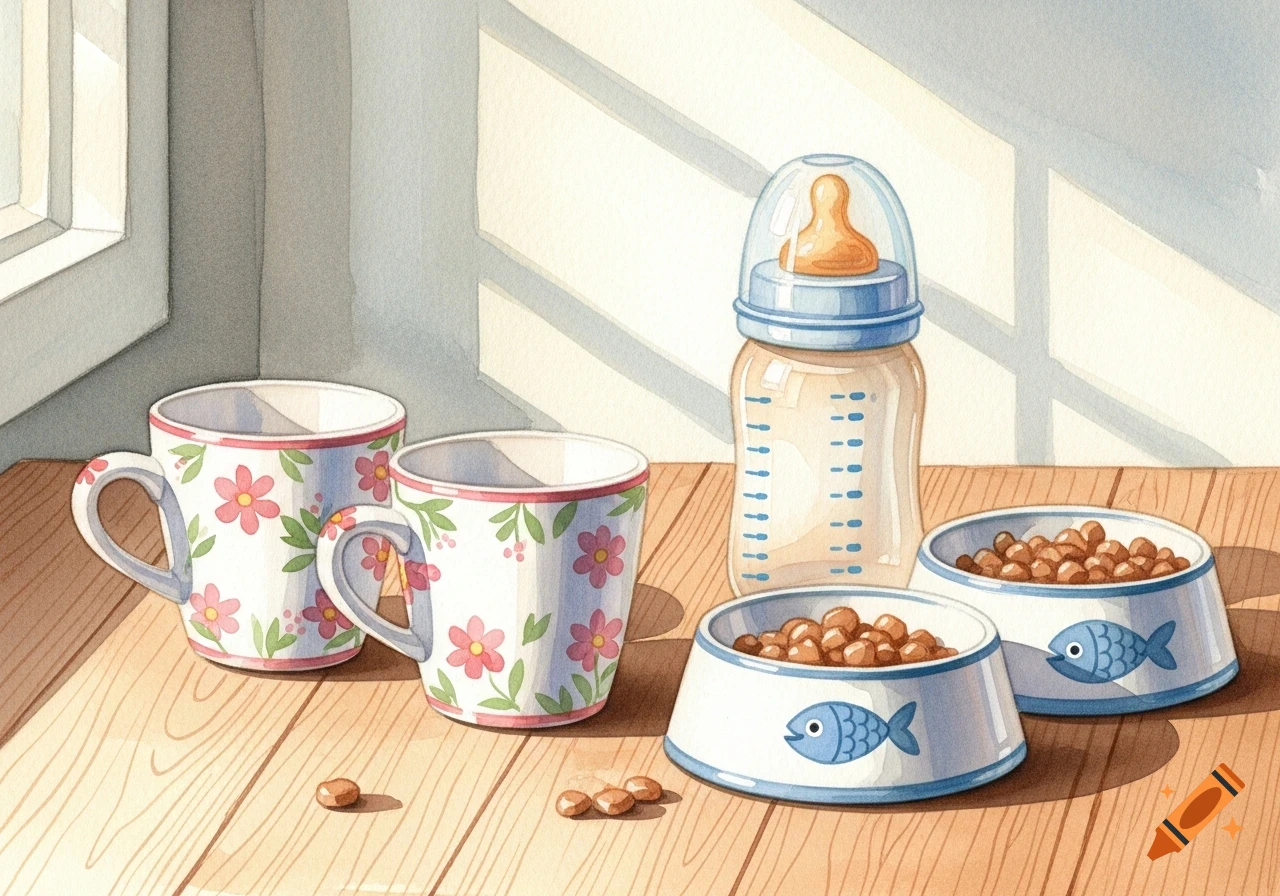 A watercolor still life of two floral mugs, a baby bottle with blue markings, and two fish-decorated pet food bowls with kibble on a sunny wooden surface.