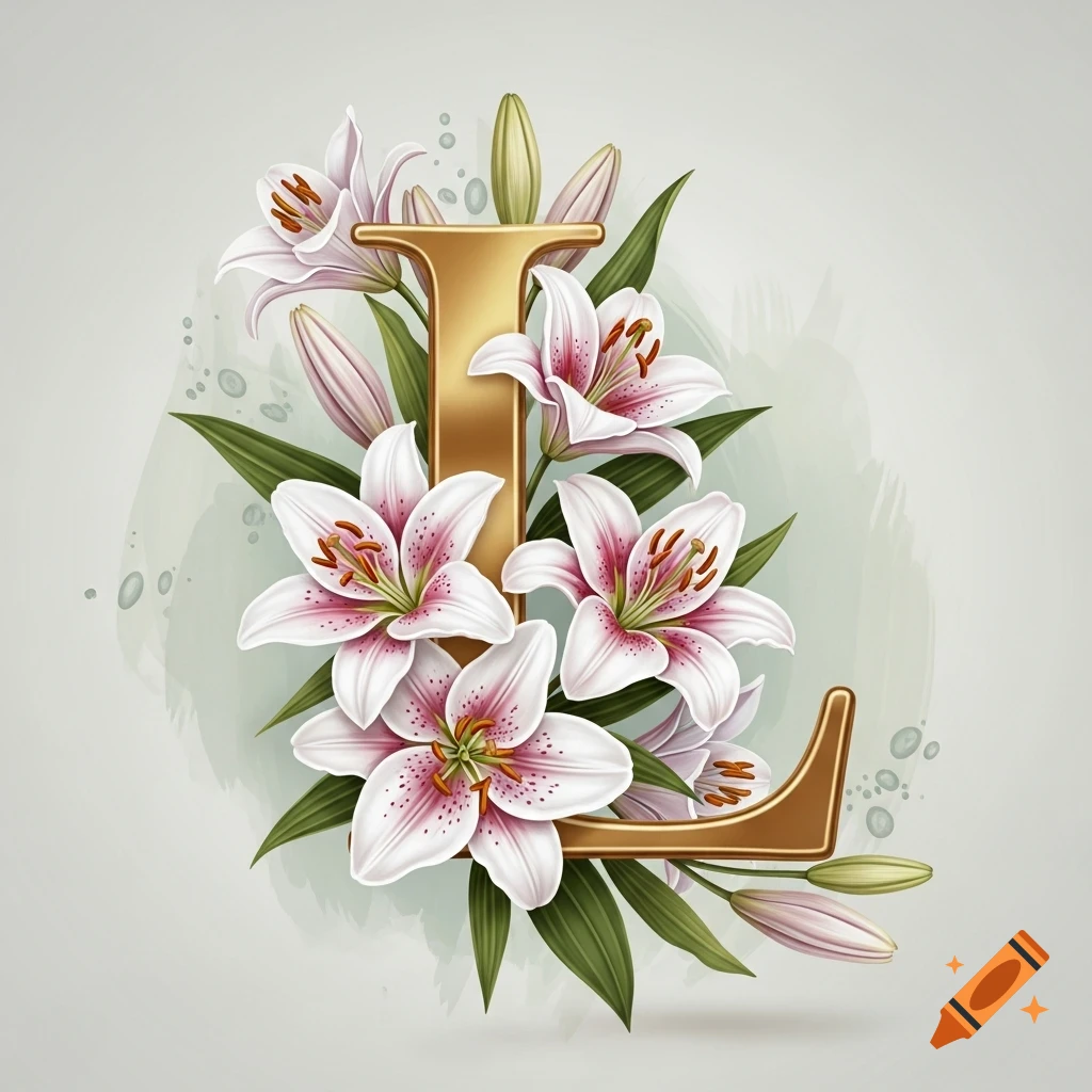 An elegant golden letter L adorned with pink and white lily flowers and green leaves.