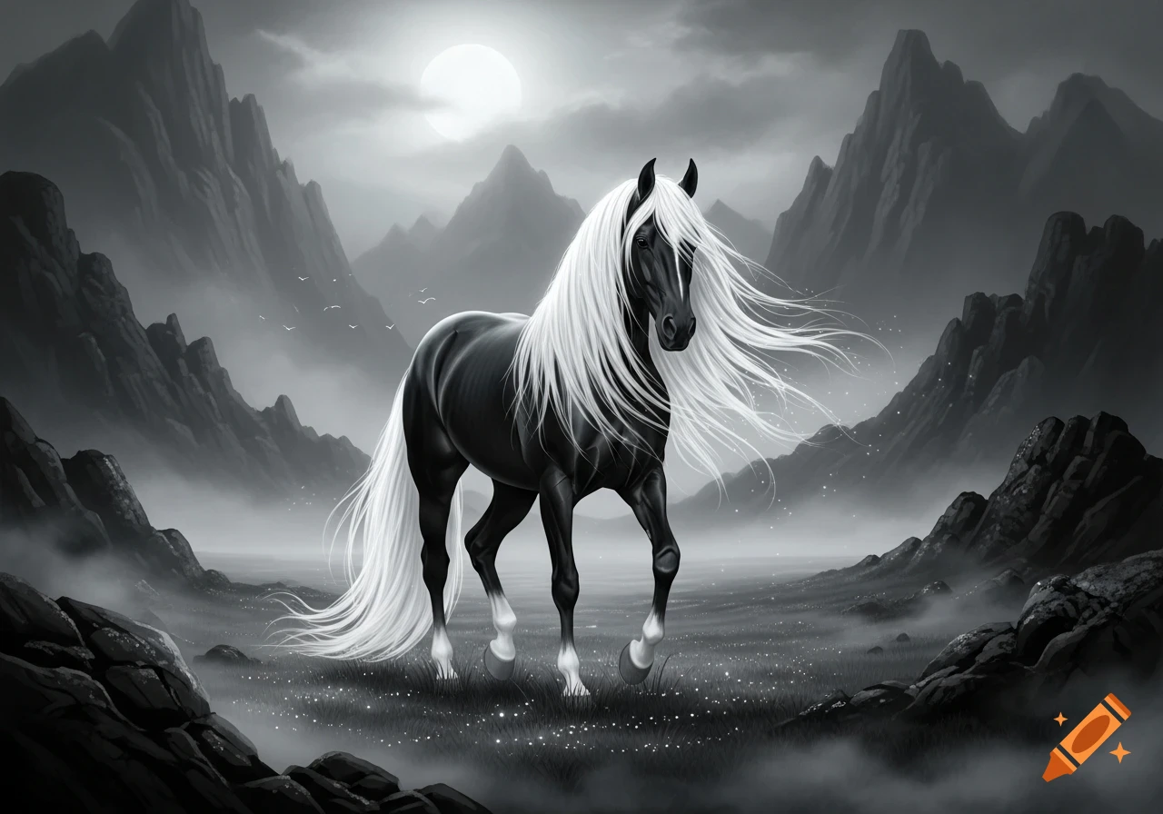 A black stallion with a flowing white mane and tail walks through a misty, rocky, grayscale mountain landscape under a full moon. Fantasy art.