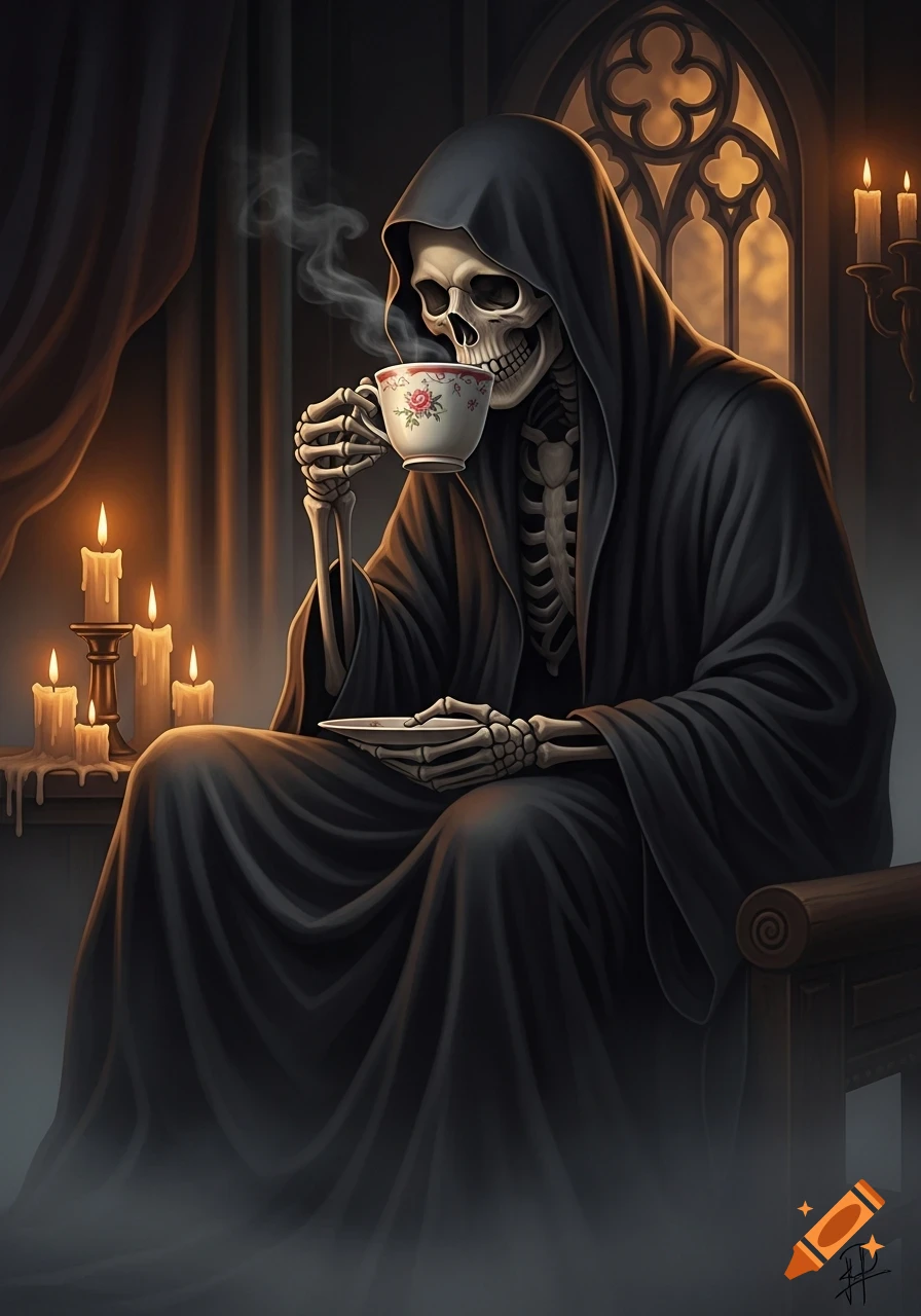 The Grim Reaper, a skeleton in a black robe, sips tea from a floral teacup by candlelight in a gothic room.