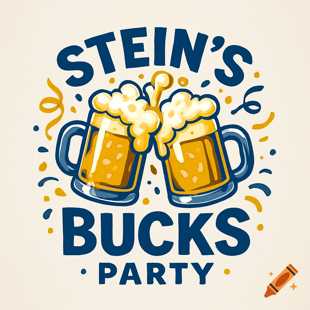 A colorful logo with two clinking beer mugs overflowing with foam and confetti, text reads 'STEIN'S BUCKS PARTY'.