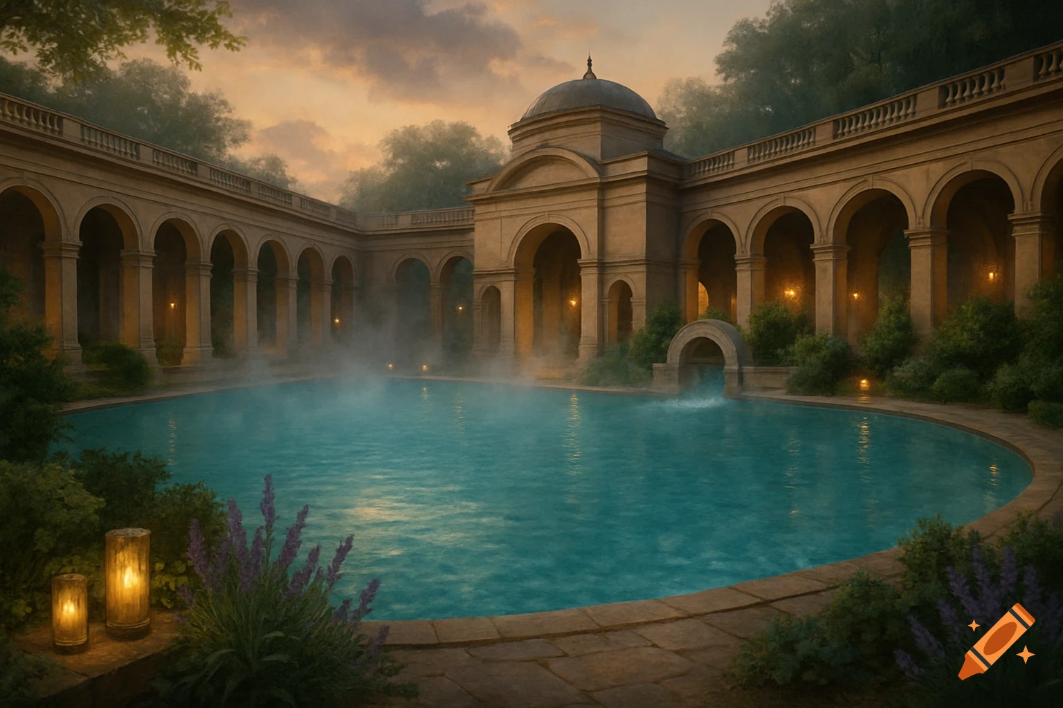 A serene outdoor thermal bath at dusk, with a steaming blue pool surrounded by classical architecture, lush greenery, and illuminated lanterns.