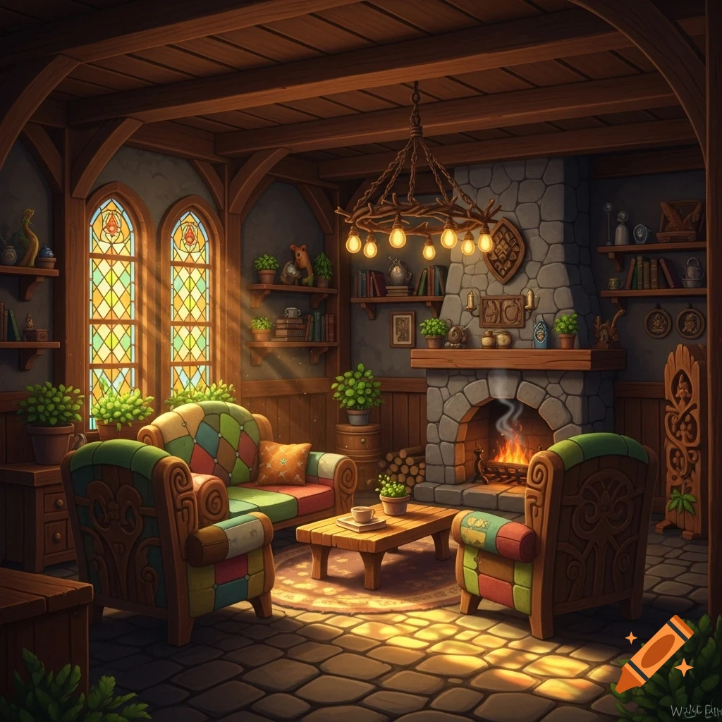 A cozy, rustic living room with a fireplace, stained glass windows, patchwork furniture, and sunbeams.