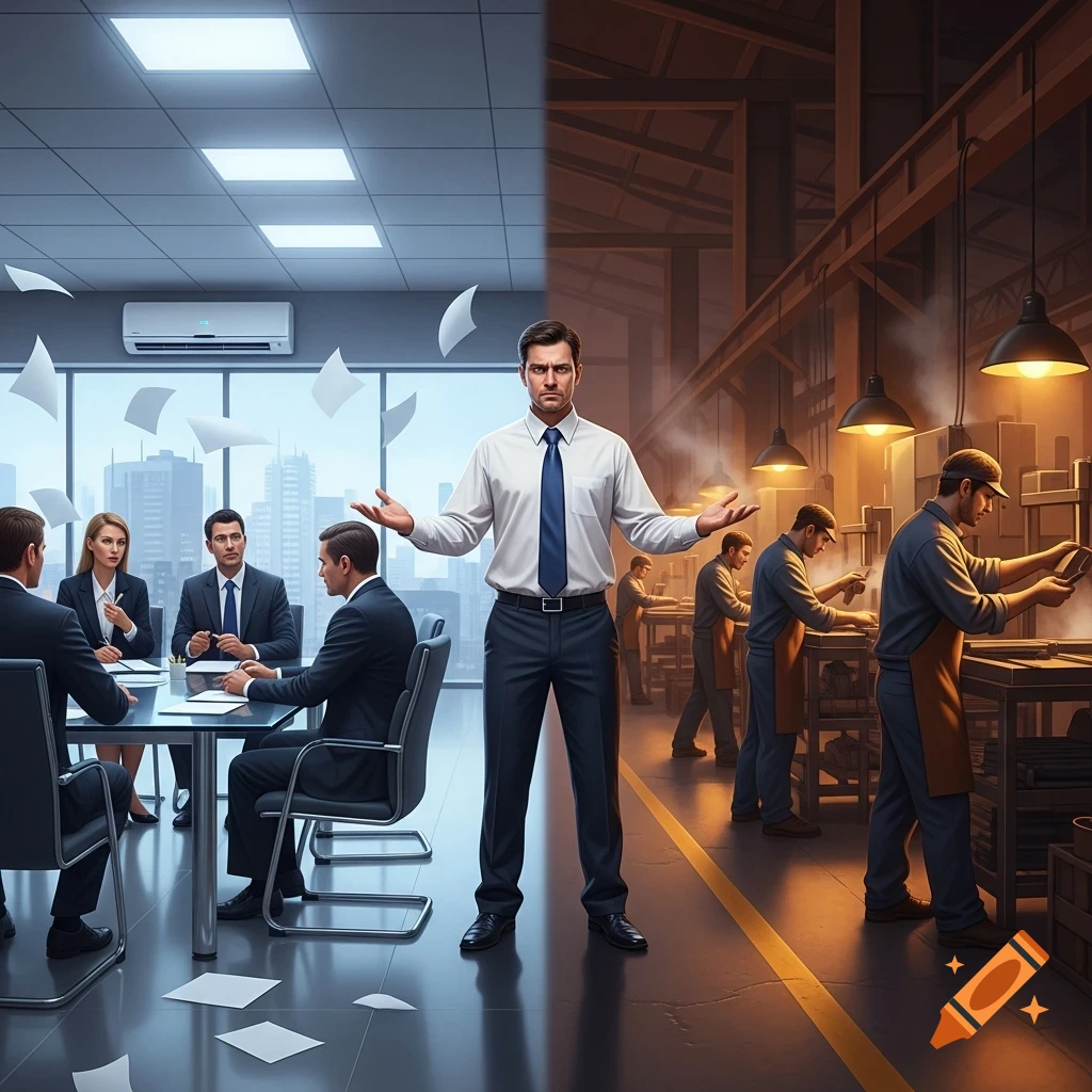 A man stands with arms outstretched between a modern office meeting on one side and a factory floor with workers on the other, depicting leadership pressure.