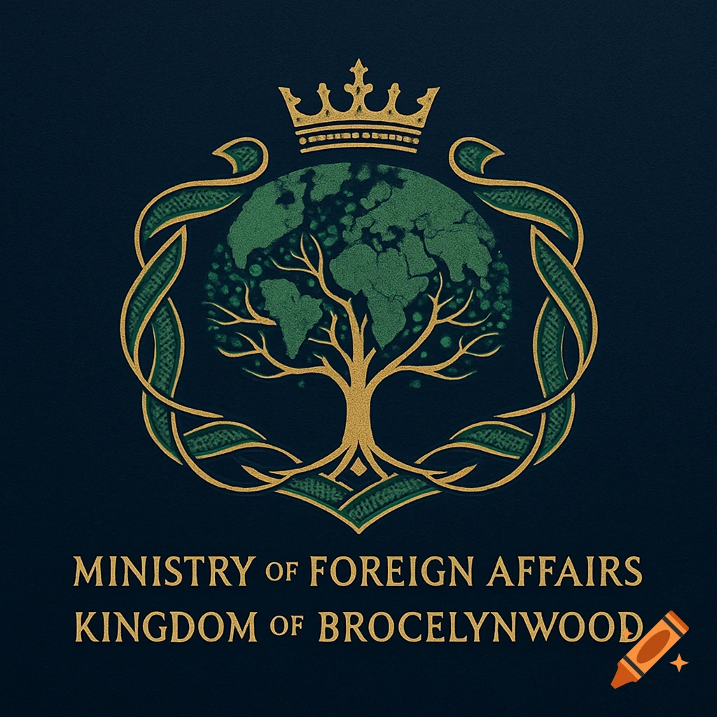 A stylized crest logo with a golden crown, a green globe-tree, and intertwined leaves on a dark background. Text reads 'MINISTRY of FOREIGN AFFAIRS KINGDOM of BROCELYNWOOD'.