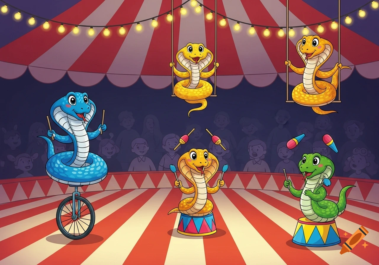 Whimsical cartoon of five colorful cobras performing stunts in a circus tent, with one on a unicycle, two on swings, and two juggling.