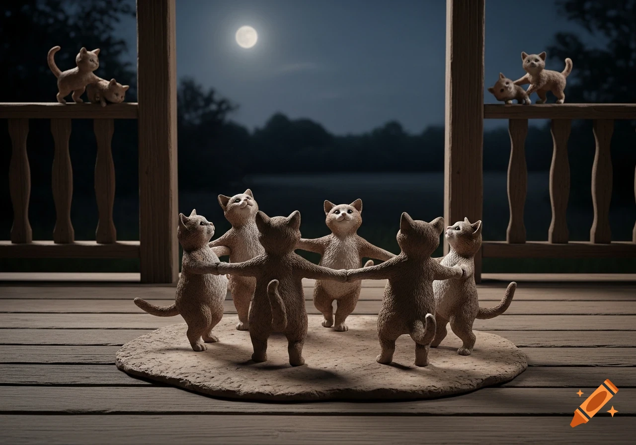 Clay cat figurines dance in a circle on a wooden porch under a full moon, with two other cat figurines on the railing.
