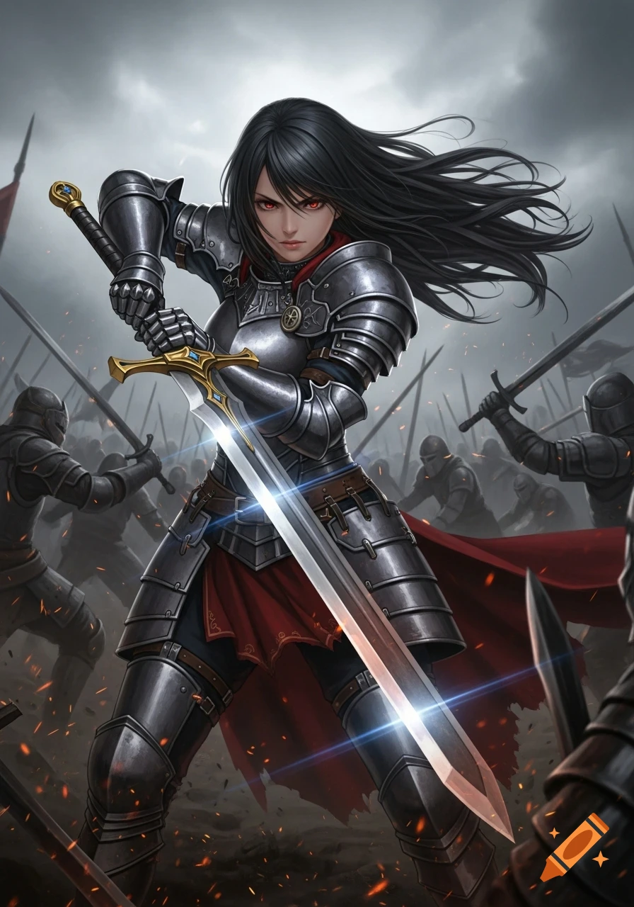 Anime-style female knight in dark plate armor holds a glowing sword mid-battle, red cape flowing, surrounded by armored foes.