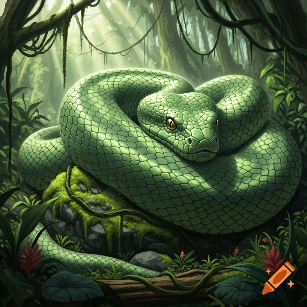 A coiled green snake with yellow eyes resting on a mossy rock in a sun-dappled jungle.