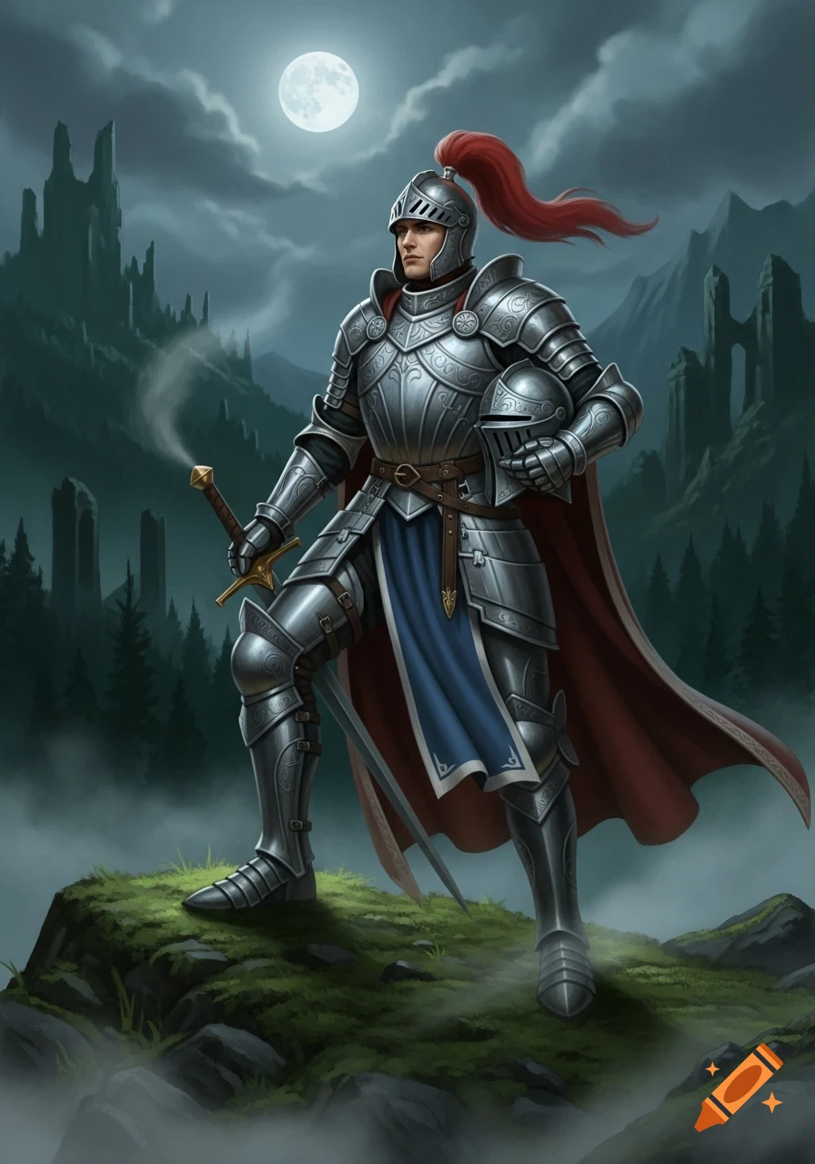 A knight in ornate silver armor with a red plume stands on a misty hill under a full moon, holding a sword and helmet.
