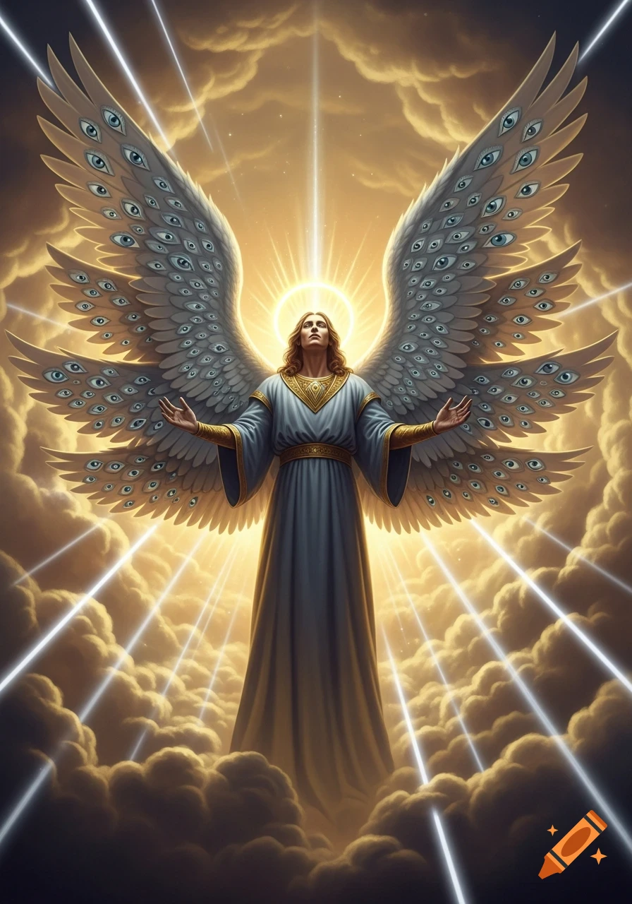 A majestic, biblically accurate angel with many-eyed wings stands among golden clouds, bathed in celestial light.