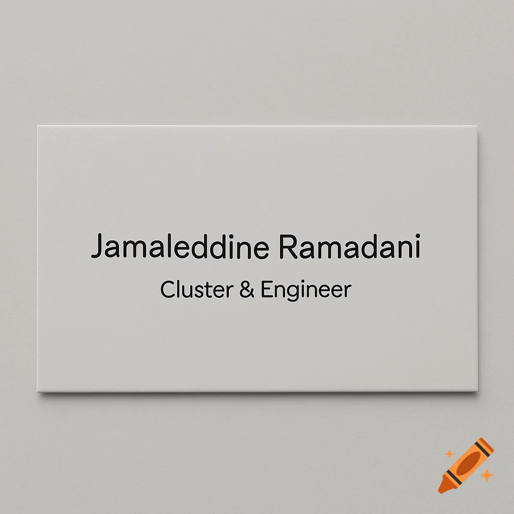 Light gray business card with 'Jamaleddine Ramadani' and 'Cluster & Engineer' in black text.