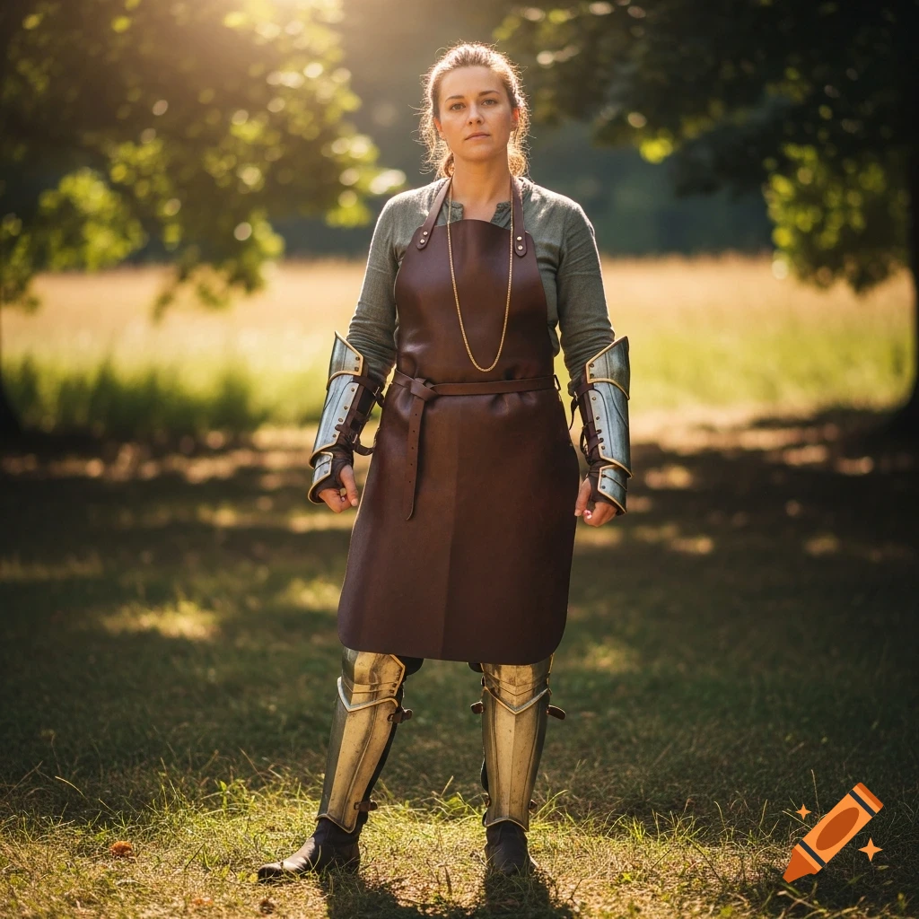 A woman in a brown leather apron and gold-shimmering armor on her forearms and shins, with a golden chain, stands in a sunny, grassy field.