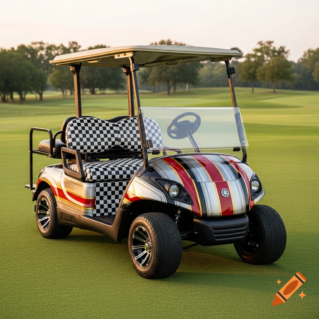 A photorealistic Yamaha golf cart with red, gold, black, and silver stripes, and black and white checkered seats, parked on a green golf course.