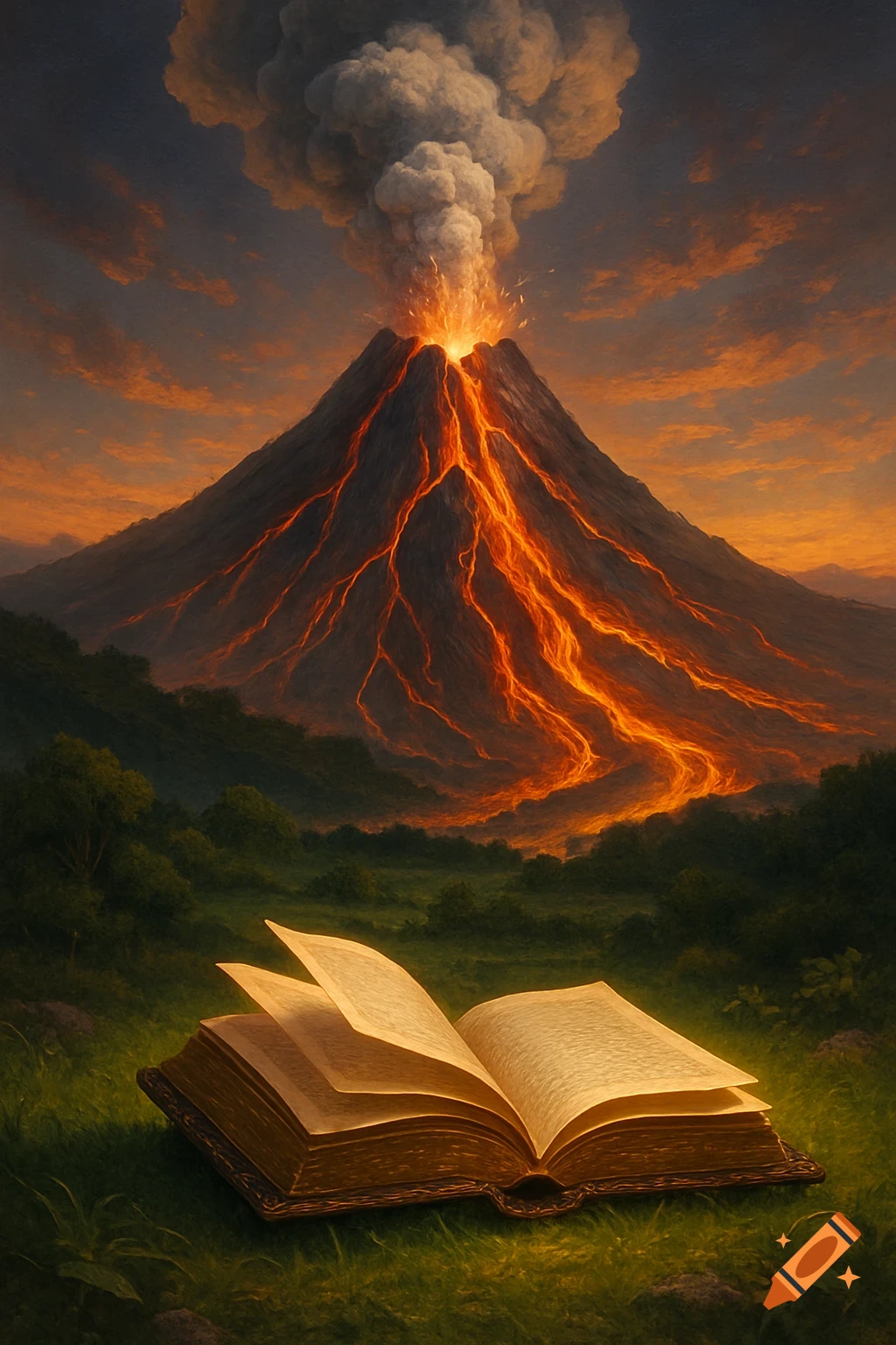 An erupting volcano with bright lava under an orange sky, and an open, glowing book on green grass.