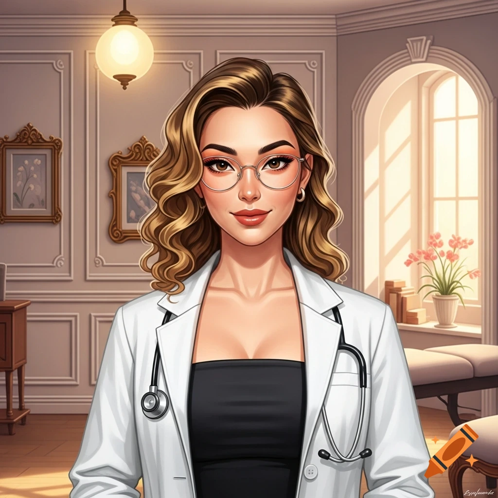 Digital art portrait of a woman doctor with curly brown hair and glasses, wearing a white coat and stethoscope in an elegant room.