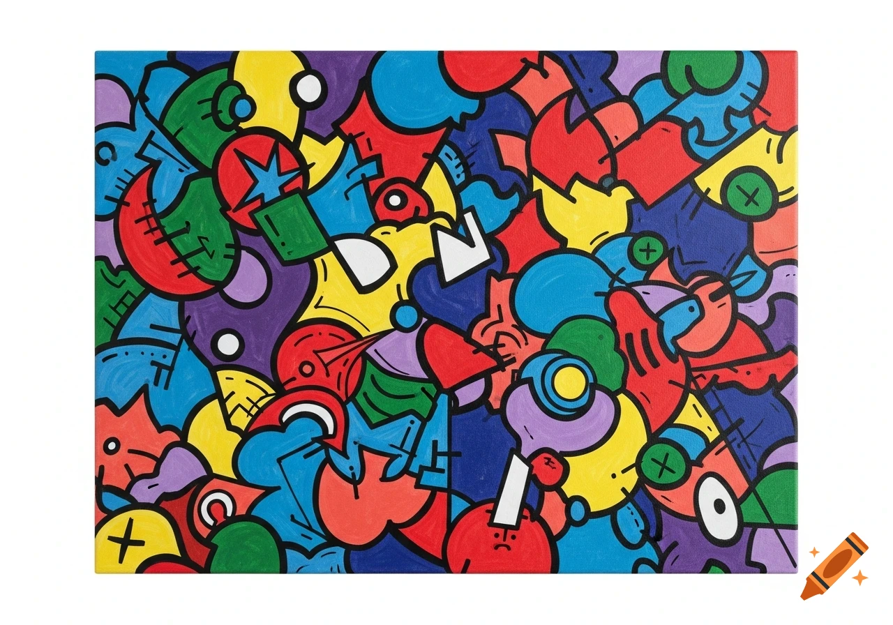 A vibrant abstract painting with interconnected, colorful shapes outlined in black, featuring elements of pop art style.