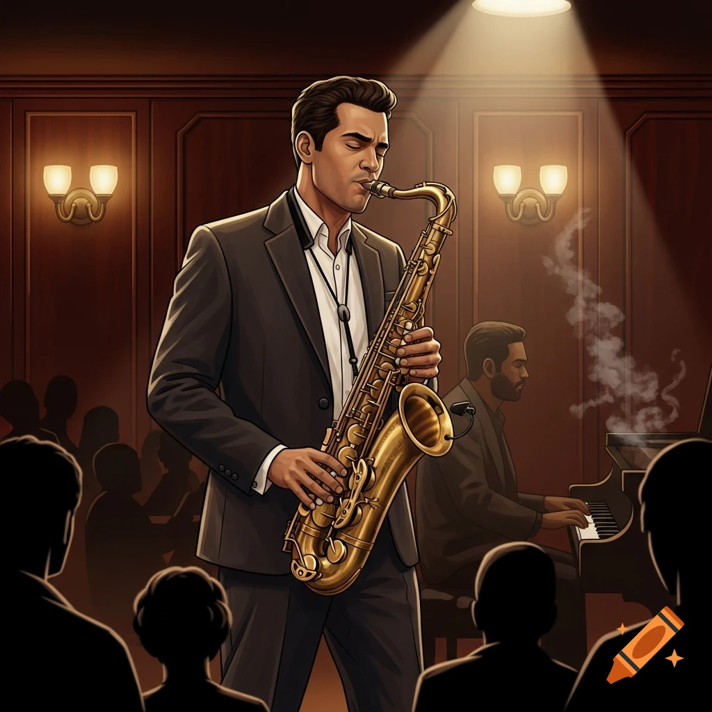 A man in a suit plays a saxophone under a spotlight on a jazz club stage, with a pianist and audience in the dim background.