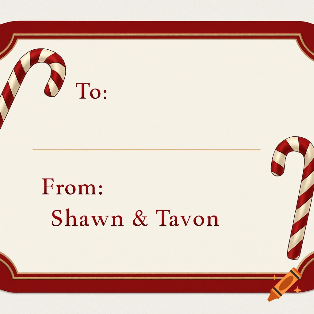 Elegant Christmas gift tag with a red border, cream interior, and candy cane accents. Text reads "To:" and "From: Shawn & Tavon".