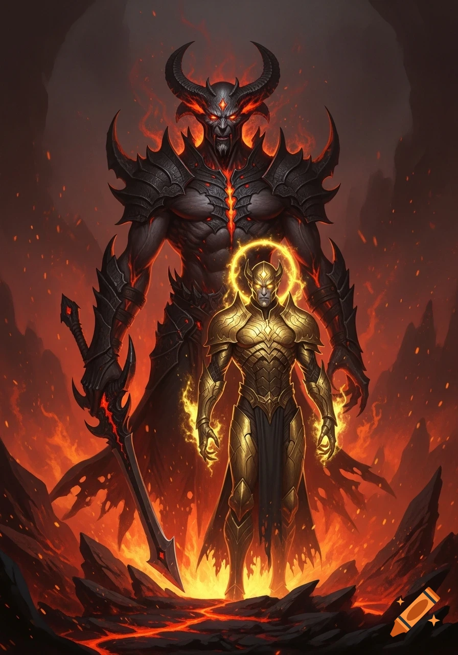A giant horned demon and a smaller armored angelic figure with a halo stand in a fiery, lava-filled landscape.