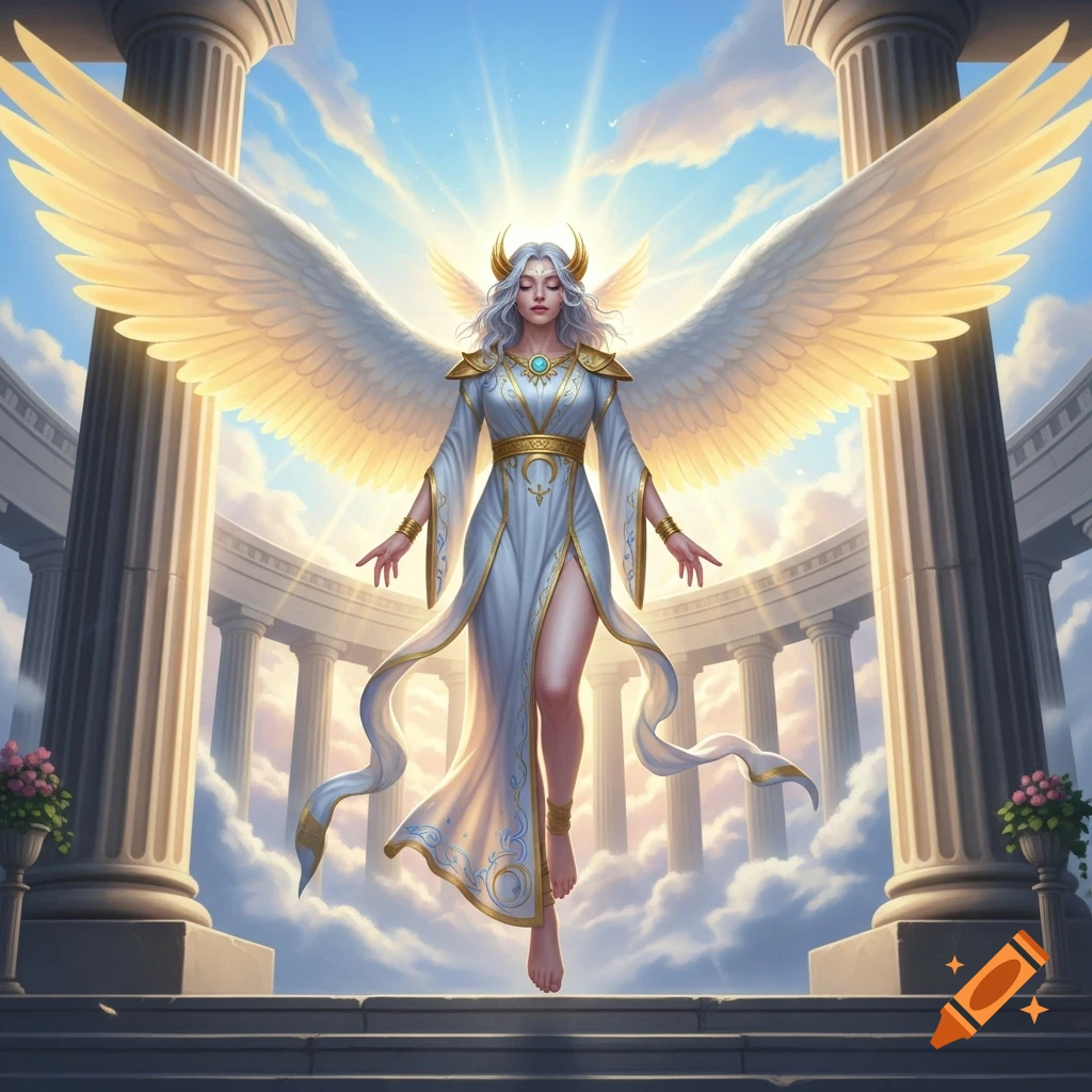 An angelic figure with large golden wings and white hair hovers between classical columns under a bright sky.
