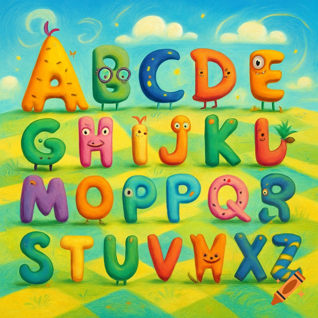 Anthropomorphic letters of the alphabet on a green checkered field under a blue sky, in a colorful, textured cartoon style.