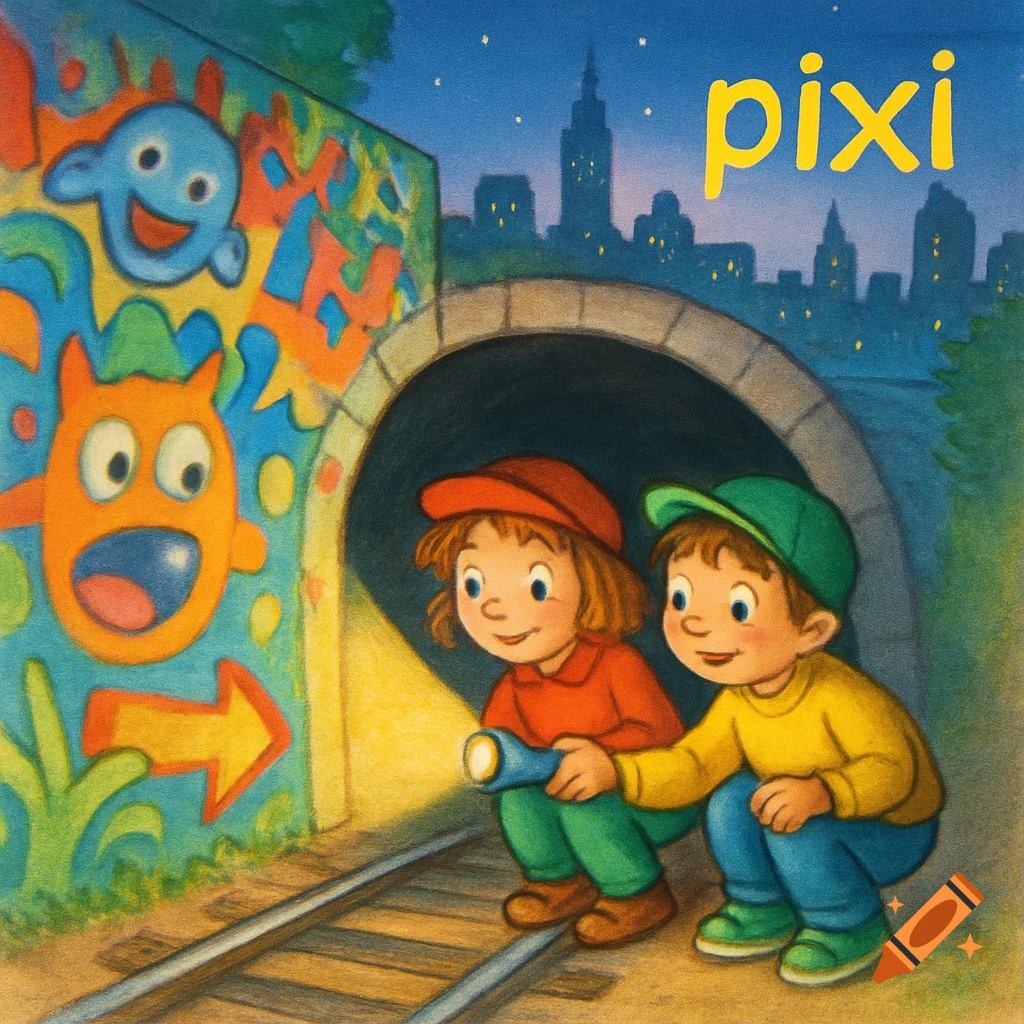 Two children, a boy and a girl, crouch with a flashlight looking into a dark tunnel, past a graffiti-covered wall. A city skyline is visible at night, with the word "pixi" in yellow letters. The image is in a children's book illustration style.