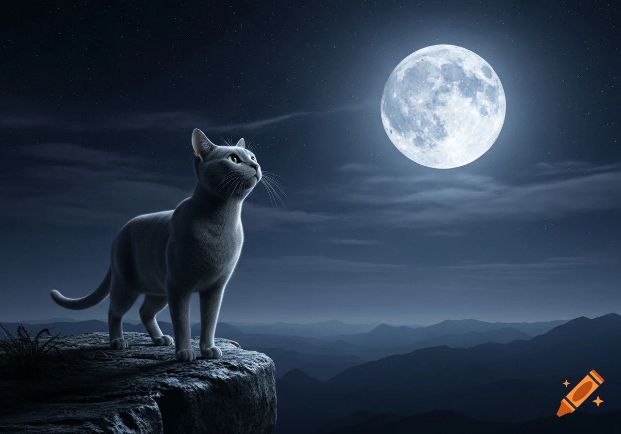 A gray cat stands on a rocky cliff, looking up at a bright full moon in a starry night sky over distant mountains.