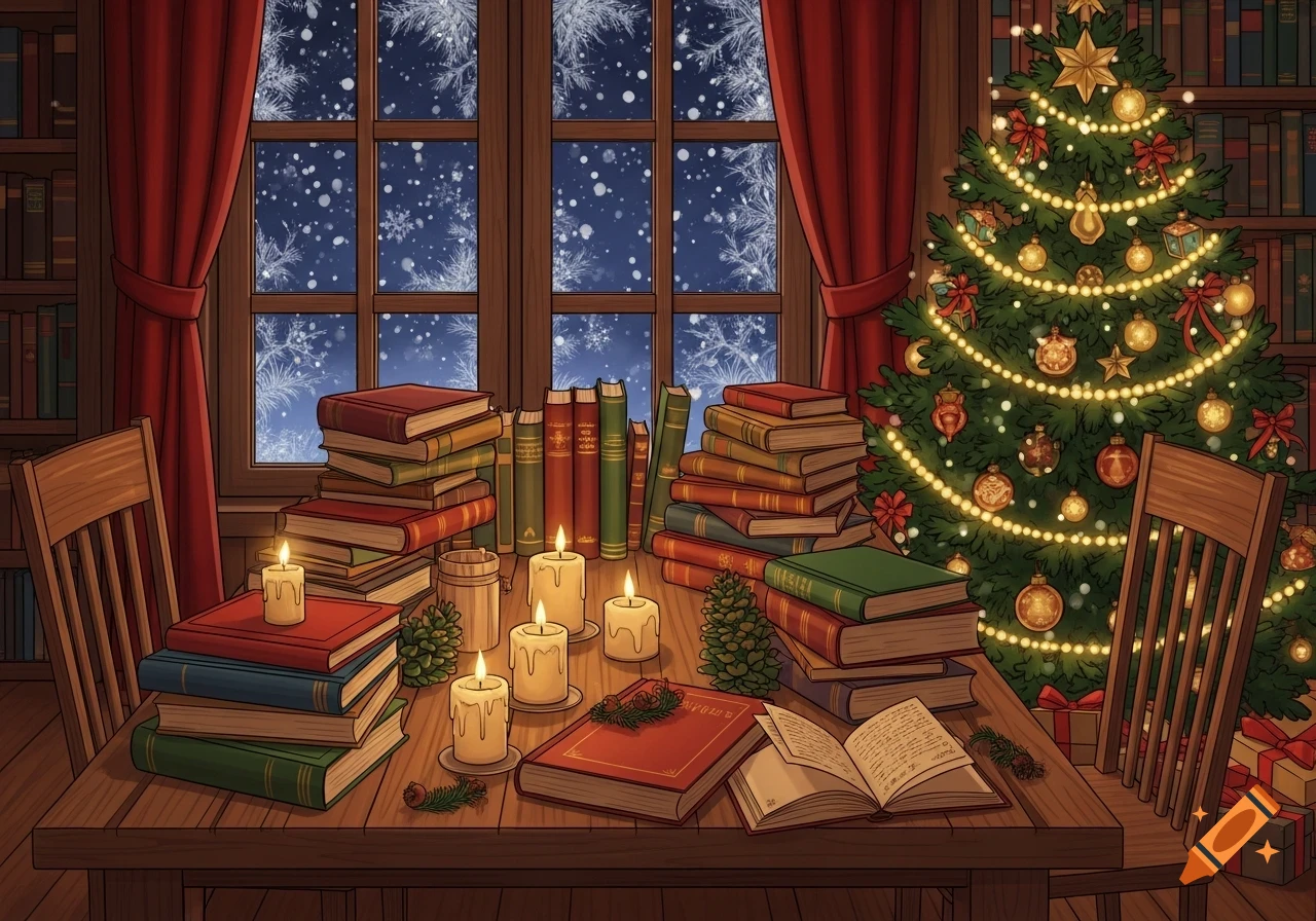 A cozy, warmly lit room with stacks of books on a wooden table, candles, and a decorated Christmas tree next to a snowy window.