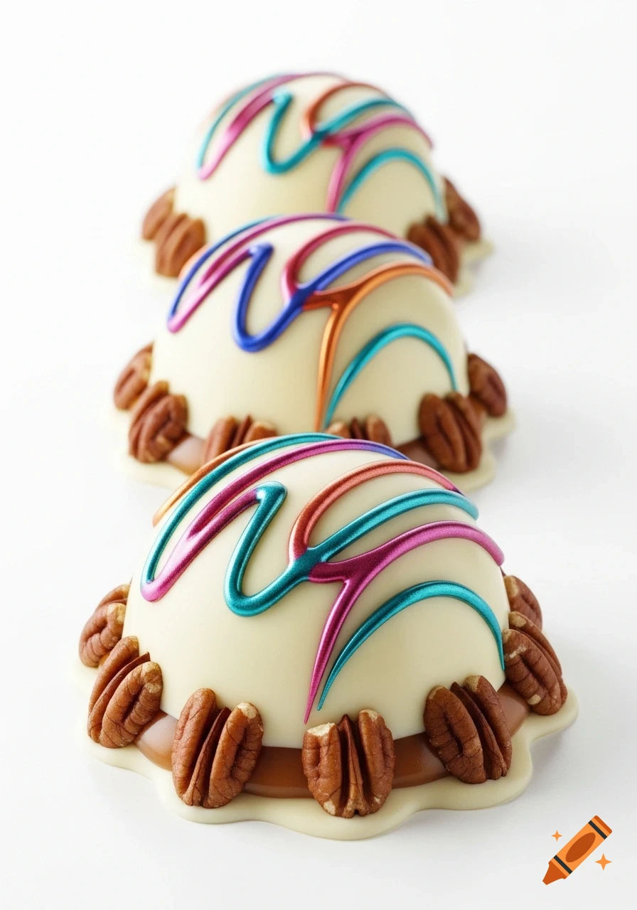 Three white chocolate dome candies with colorful metallic swirls and pecans around the base.