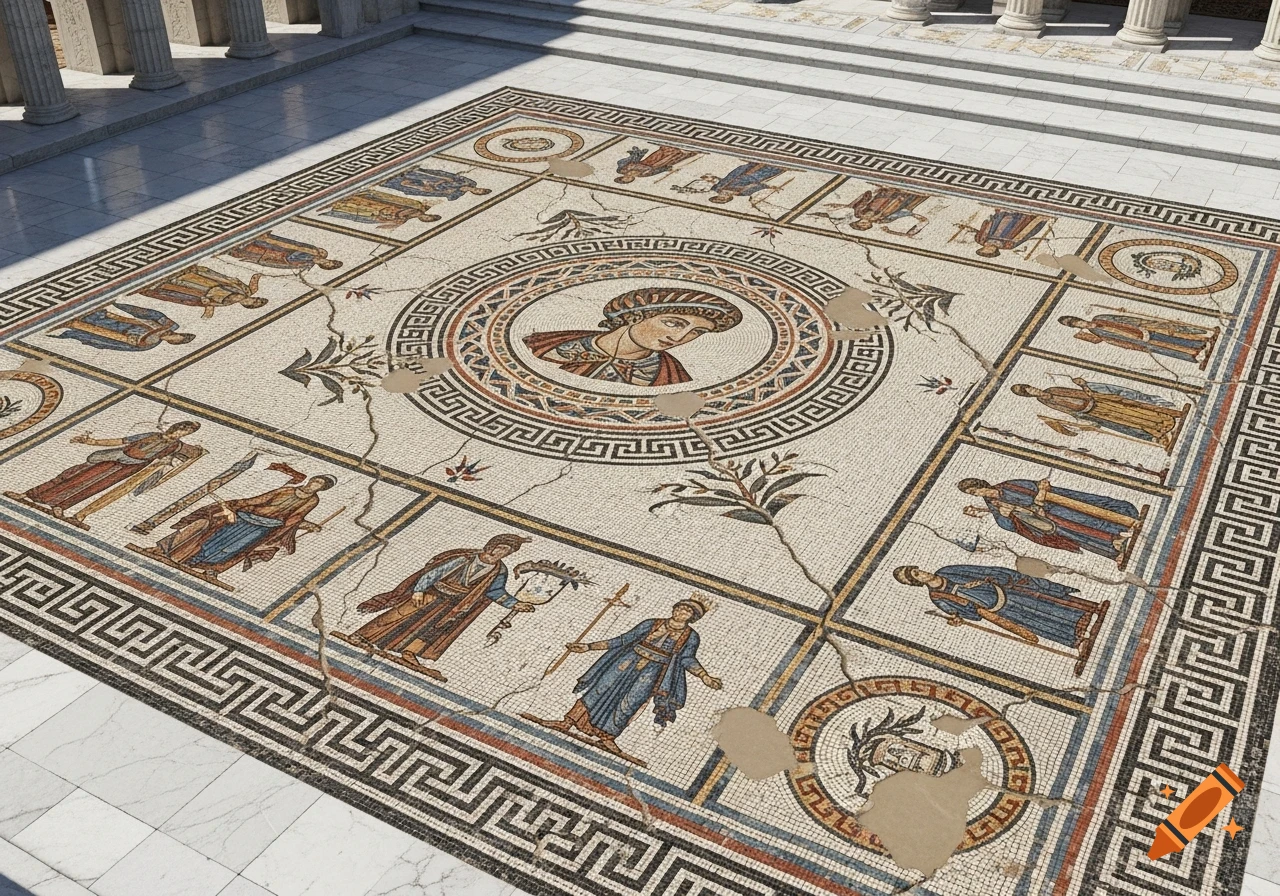 An overhead view of a large, cracked ancient Greek mosaic floor with a central portrait surrounded by figures and geometric patterns, in an outdoor setting with columns.