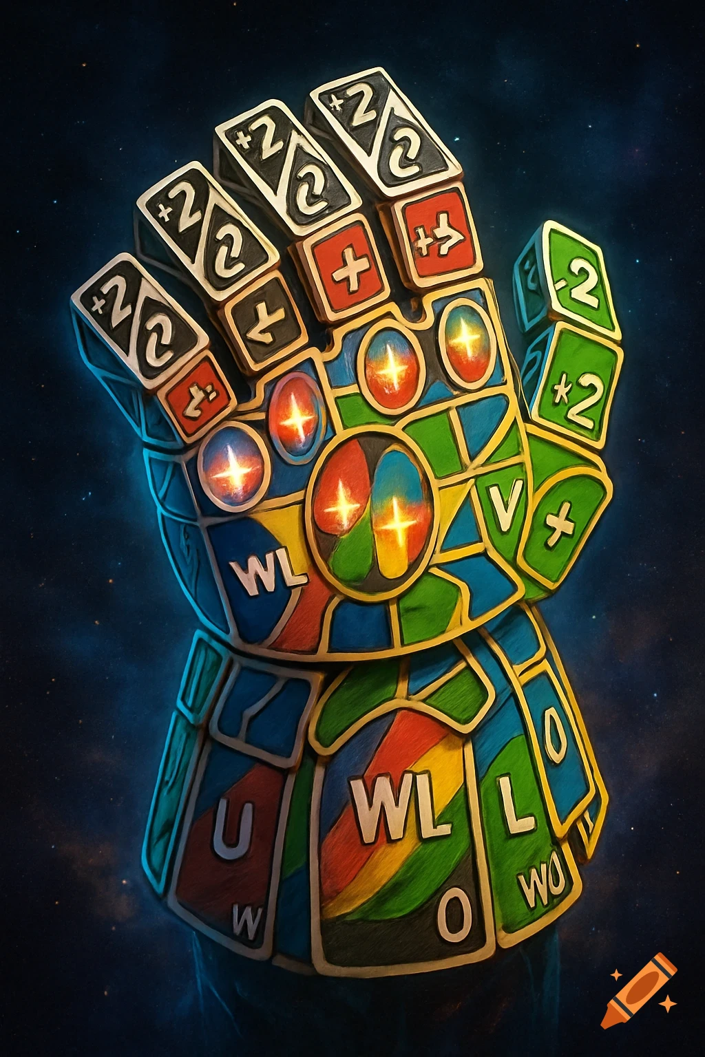A vibrant, stylized Infinity Gauntlet made from Uno cards featuring numbers, symbols, and letters, glowing against a cosmic background.