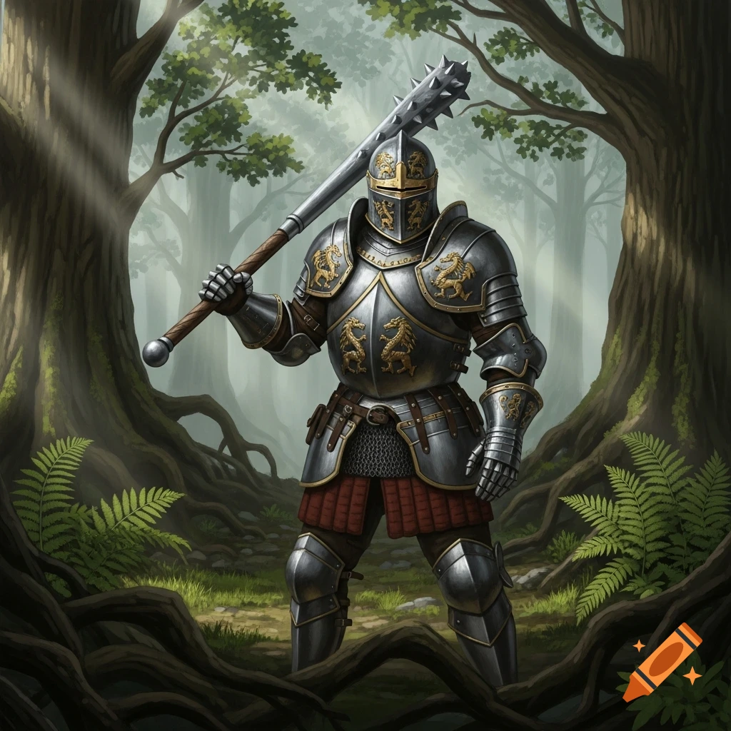 A knight in ornate plate armor adorned with golden dragons stands in a misty forest, holding a large spiked mace. Digital illustration.