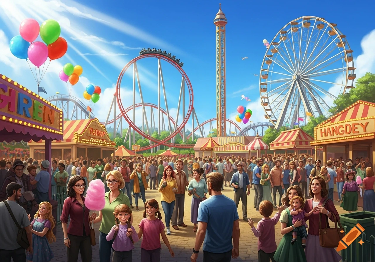 A bustling amusement park scene with a large crowd of people, a roller coaster, a Ferris wheel, and a tall drop tower under a bright blue sky. Colorful balloons float above various stalls.