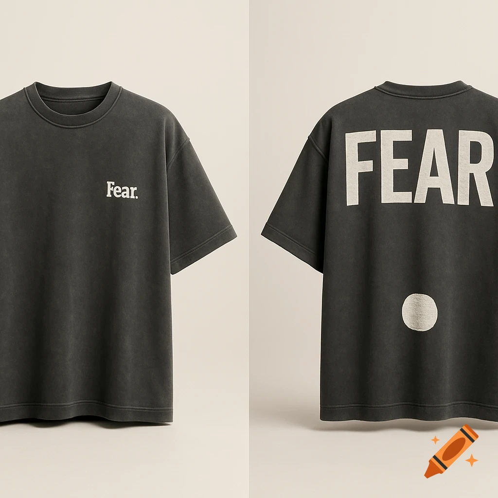 Front and back views of a washed black oversized t-shirt with 'Fear.' on the chest and 'FEAR' on the back above a white dot.