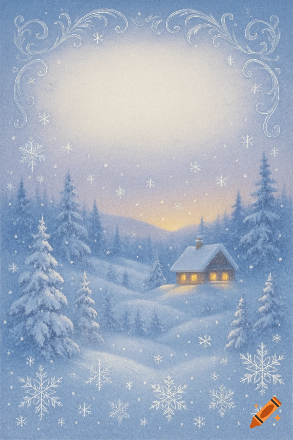 A snowy winter landscape with a cozy cabin nestled among evergreen trees, illuminated windows, falling snowflakes, and a decorative border.