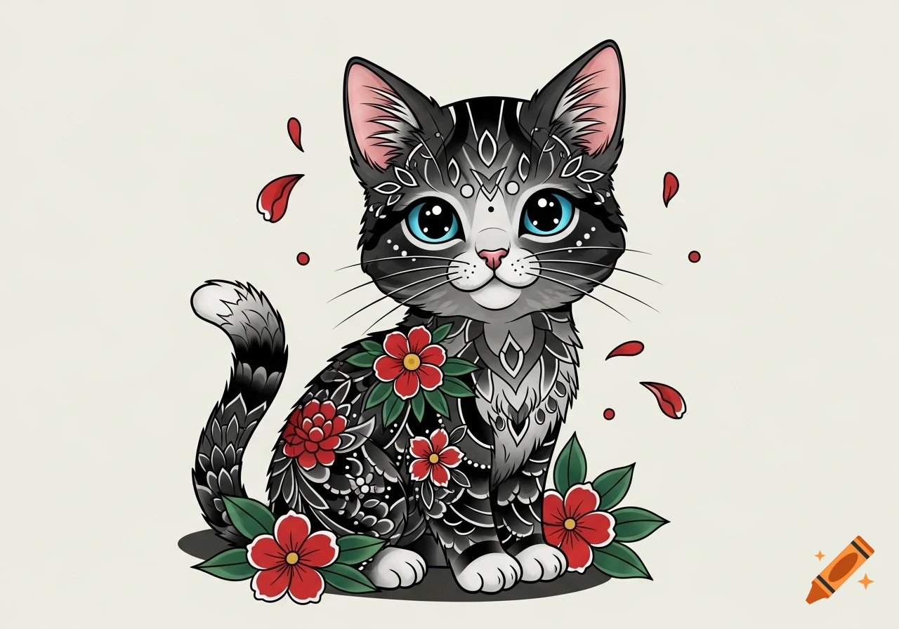 A cute stylized cat with black and gray fur, bright blue eyes, intricate patterns, and red flowers with green leaves.